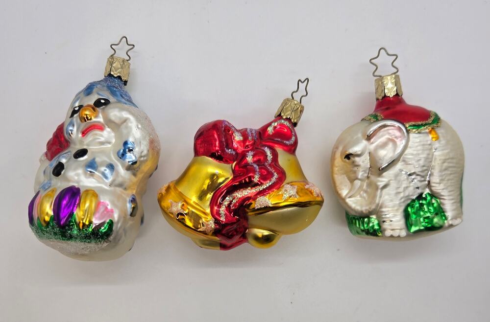 VTG Christmas Ornaments Set of 3 Elephant Snowman Bells Holiday Decor Festive